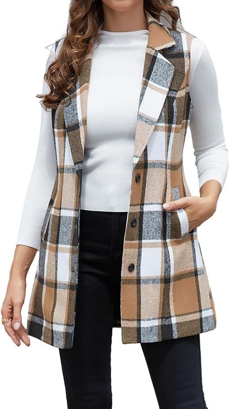 IDEALSANXUN Long Vest for Women Sleeveless Blazer Jackets Fall Fashion Outfits 2024 Wool Flannel Tartan Plaid Vest Winter Coats, Brown, M at Amazon Women's Coats Shop Plaid Vest Outfits For Women, Plaid Vest Outfits, Plaid Vest Outfit, Long Sleeveless Cardigan, Vest Outfits For Women, Womens Waistcoat, Women's Vests, Sleeveless Blazer, Womens Puffer Vest