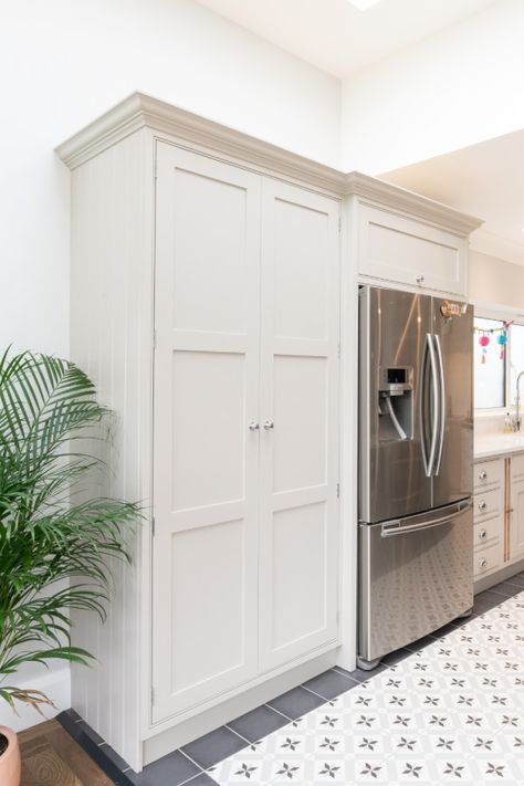 Pantry Built Around Fridge, Pantry In Kitchen Layout, Fridge Pantry Combo, Refrigerator Next To Pantry, Built In Fridge Ideas, Pantry Next To Fridge, Kitchen With Fridge By Itself, Freezer Cabinet, Tall Pantry Cabinet Next To Fridge