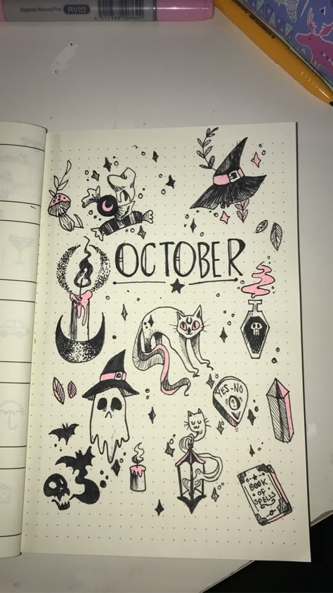 Haunted House Bullet Journal, Halloween Notebook Ideas, Spooky Journal Ideas, October Journal Spread, Spooky October Calendar, Halloween Journal Pages, October Journal Page, Goth Bullet Journal, Spooky Bullet Journal