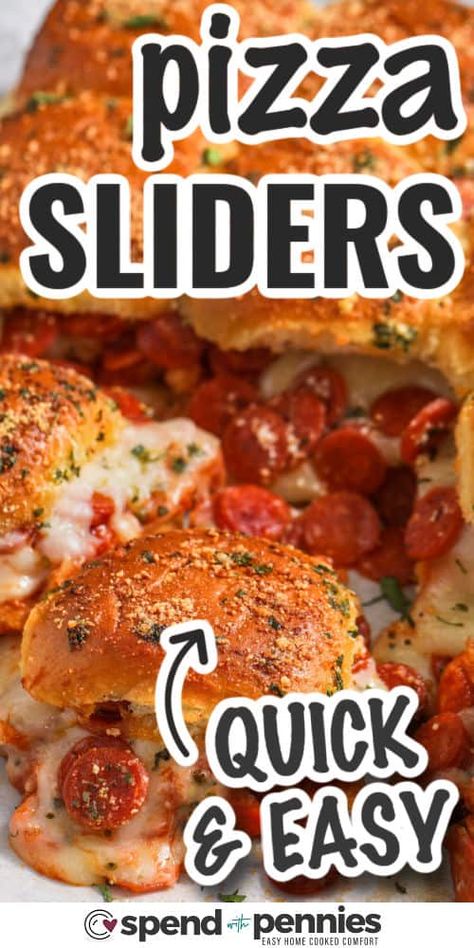 Pizza sliders are the perfect game day snack, lunch, or dinner. In this recipe, soft Hawaiian rolls are stuffed with pepperoni, pizza sauce, and cheese. Then they are baked in the oven, until golden brown, ready to pull apart, and devoured. #spendwithpennies Sliders Recipes Hawaiian Rolls, Pizza Sliders, Pull Apart Pizza, Pizza Slider, Snack Lunch, Pizza Sauce Homemade, Meatless Main Dishes, Making Homemade Pizza, Hawaiian Rolls