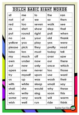 Teacher Fun Files: Dolch Basic Sight Words List Dolch Basic Sight Words, 4th Grade Sight Words, Kids Sight Words, Teacher Fun Files, Dolch Word List, Dolch Sight Word List, Remedial Reading, Basic Sight Words, Words List