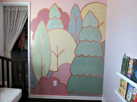 Copper-Outlined, Whimsical Forest Mural Fairy Mural, Warehouse Ideas, Pokemon Bedroom, School Library Decor, Natural Bedroom, Forest Mural, Map Murals, Forest Sunset, Tree Mural