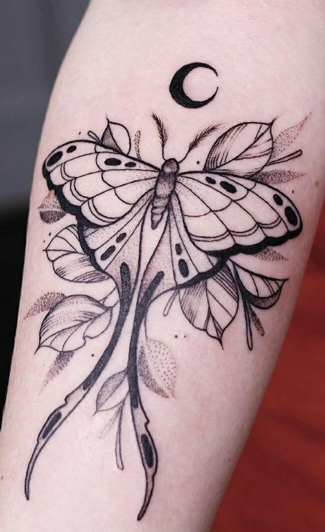 Arm For Tattoo Placement, Luna Moth Flower Tattoo, Luna Moth Floral Tattoo, Luna Moth Wrist Tattoo, Black And White Luna Moth Tattoo, Fine Line Luna Moth Tattoo, Luna Moth Tattoos For Women, Luna Moth Moon Tattoo, Japanese Moth Tattoo