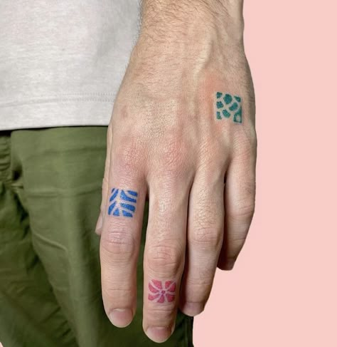 Missing Finger Tattoo, Solid Color Tattoo, Abstract Tattoo Back, Subtle Gay Tattoo, Small Abstract Tattoo, Color Tatoos, Male Hand Tattoos, Connecting Tattoos, Green Tattoo