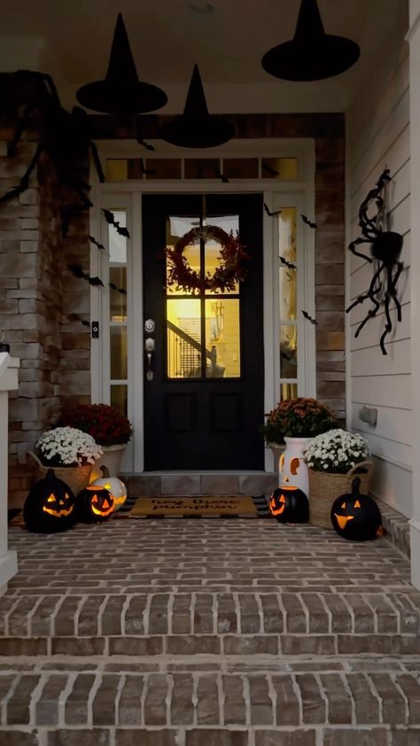 Halloween porch{part1}. I still have a few more things to add:mums and real pumpkins for the steps, and candles inside the witches hats.… | Instagram Witch Hat Front Porch, Simple Porch Halloween Decor, Halloween Porch Decorations Ideas, Halloween House Exterior, Halloween Exterior Decor, Front Porch Halloween Ideas, Halloween Mums, Halloween Patio Decor, Halloween Exterior