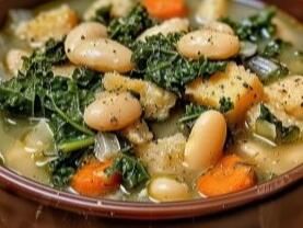 Tuscan White Bean and Kale Soup: A Hearty and Healthy Comfort Food - NewsBreak Creamy Chicken Spaghetti Recipe, Pizza Grilled Cheese Recipes, White Bean And Kale Soup, Balsamic Carrots, Bean And Kale Soup, White Bean And Kale, Fried Cabbage With Sausage, Tuscan White Bean, Easy Corn Casserole