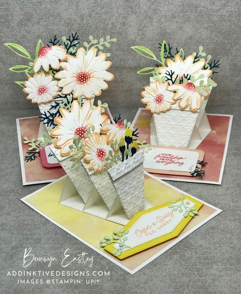 Addinktive Designs, Cards With Flowers, August Themes, Box Cards Tutorial, Cheerful Daisies, Fancy Fold Card Tutorials, Daisy Cards, Easel Cards, Card Making Tutorials