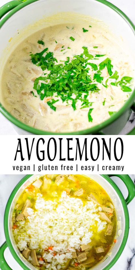 Filling, satisfying, creamy: this Avgolemono soup is the best Greek Lemon Soup you've ever tried. Learn the best method with step by step pictures and invest only 20 minutes until it is on the table. You will never tell it is vegan and the whole family will love it. #vegan #dairyfree #vegetarian #glutenfree #dinner #lunch #mealprep #20minutemeals #contentednesscooking #avgolemonosoup Greek Lemon Soup, Avgolemono Soup, Soup Vegetarian, Lemon Soup, Soup Vegan, Clean Eating Recipes For Dinner, Easy One Pot Meals, Dairy Free Diet, Homemade Gluten Free