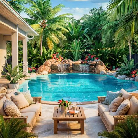 Backyard Tropical Oasis Ideas, Pool With Waterfall, Landscaping Around Pool, Amazing Swimming Pools, Oasis Pool, Luxurious Pool, Pools Backyard Inground, Pool Shapes, Tropical Backyard