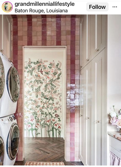 Pink Laundry Room, Pink Laundry, Pink Laundry Rooms, Flower Magazine, House Laundry Room, Media Room Design, Amanda Smith, Ivy House, Georgian Homes