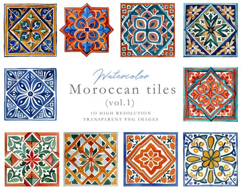 "A collection of 10 \"Moroccan Tiles\" (vol. 1) watercolor clipart elements. All files are 300 dpi (images are approximately 1800 pixels). Your download will include 3 zip files.   Downloads are available once your payment is confirmed.   Note: this is a digital download and no physical items will be shipped to you.    TERMS OF USE   By purchasing any products, you agree to the terms of use. Can be used for personal use and commercial use (according to the commercial terms below). No attribution required. Note, that copyright is NOT transferred to the buyer upon purchase.   You may:  - Use commercially for organizers, invitations, greeting cards, party banners, business cards, photobooks, planners, classroom items, stickers, or similar uses. Commercial end products must be \"derivative\" ( Lebanese Pattern, Moroccan Elements, Tiles Moroccan, Art Marocain, Motif Arabesque, Moroccan Tiles Pattern, Square Tiles, Geometric Pattern Art, Moroccan Tiles