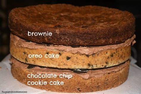 Brookie Cookie Triple Layer Cake 3 Layer Cookie Cake, Cookie Layer Cake Recipe, Brookie Cake Recipe, Triple Layer Cookie Cake, Layered Brownie Cake, Brownie Cookie Cake Birthday, Brookie Birthday Cake, Cookie Brownie Cake, Brookie Cake