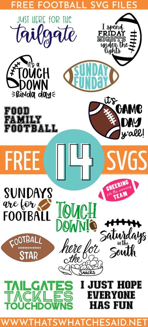 Grab these 14 FREE Football SVGS!! Whether you love Sunday Funday, Friday Night Lights, College Saturdays or even Monday and Thursday night Football, there is a file for you!  Perfect for Football T-shirts, koozies, stadium blankets and so much more! Superbowl Tshirt Ideas, Free Football Svgs, Free Game Day Svg Files For Cricut, Game Day Free Svg, Football Koozies, Free Svg Files For Cricut Football, Free Football Name Svg Files For Cricut, Free Football Outline Svg Files For Cricut, Cricut Expression Projects