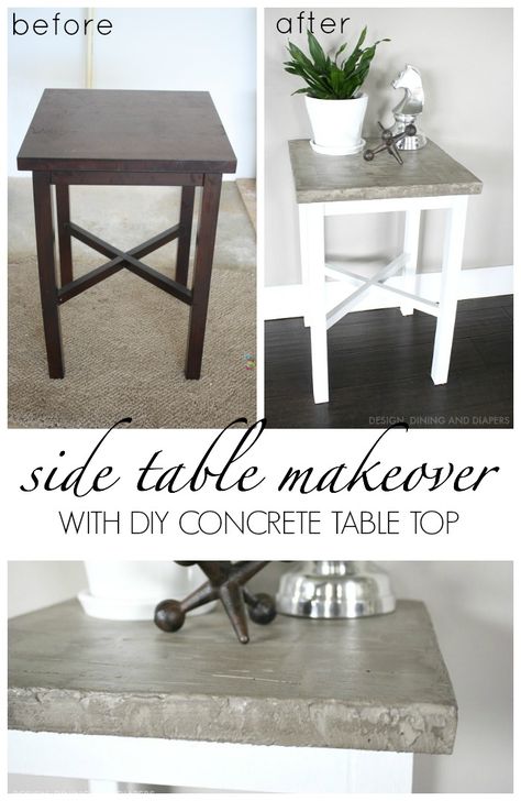 Side Table Makeover using chalky paint and diy concrete table top. Get all the details on the blog Faux Concrete Table, Diy Kids Table, Concrete Table Top, Side Table Makeover, Kitchen Table Makeover, Diy Table Top, Natural Wood Furniture, Concrete Table, Diy Concrete