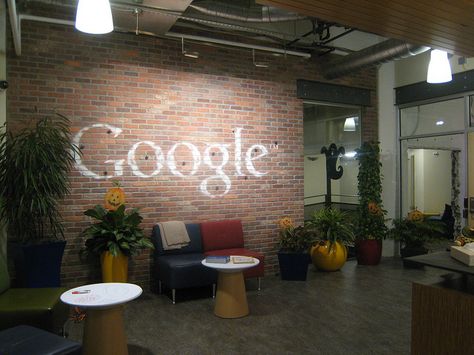 Here is a picture of the Google Pittsburgh office with a nice brick wall with Google written on the wall in white chalk. The picture was posted on Flickr by James Lin. Brick Wall Office, Mirror Mantle, Rustic Quotes, Brick Wall Ideas, Contemporary Rustic Decor, Rustic Paint, Google Office, Rustic Food, Rustic Mirror