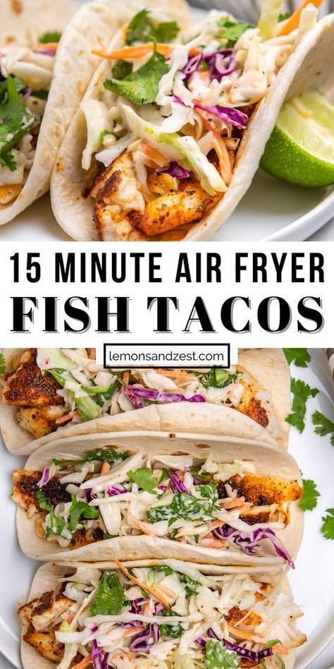 Air Fryer Fish Tacos With Cilantro Lime Slaw, Airfry Shrimp Taco, Fish Ideas For Dinner Meals, Camping Crockpot Ideas, Air Fried Tilapia Tacos, One Basket Air Fryer Meals, Fish Tacos In Air Fryer, Cod Tacos Air Fryer, Semi Healthy Dinner Recipes