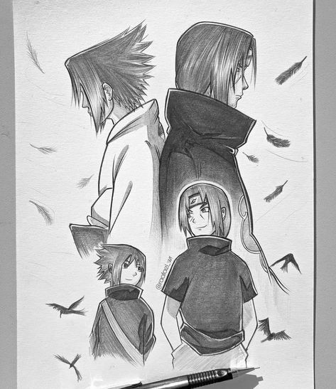 Instagram @raafael_wr Sasuke And Itachi Drawing, Naruto And Sasuke Drawing, Drawing Of Anime, Black Pen Sketches, Sasuke Drawing, Naruto Drawings Easy, Sasuke Sharingan, Crows Drawing, Itachi And Sasuke