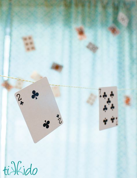 Easy Playing Cards Party Garland Tutorial | Tikkido.com Playing Card Garland, Games Night Party, Night Party Decorations, Wesley House, Alice Halloween, Diy Playing Cards, Garland Tutorial, Game Night Parties, Games Night