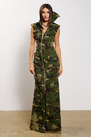 NOW YOU SEE ME CAMO PRINT MAXI DRESS Camo Dress, Camo Fashion, Camera Flash, Asymmetrical Neckline, Sleek Ponytail, Turtle Neck Dress, Camo Print, Flared Skirt, Printed Maxi