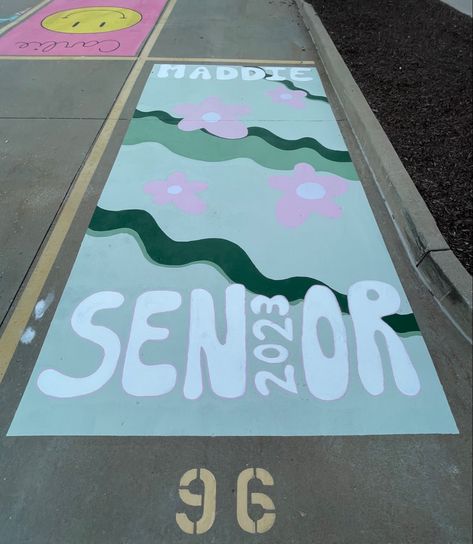 Four Years Later Parking Spot, Senior Parking Curb Painting, Senior Parking Spaces Sunset, Senior Parking Spot Ideas Simple, Senior Parking Spot Girly, Purple Senior Parking Spot, Purple Parking Spot Painting, Cute Senior Parking Spot Ideas Pink, Creative Senior Parking Spots