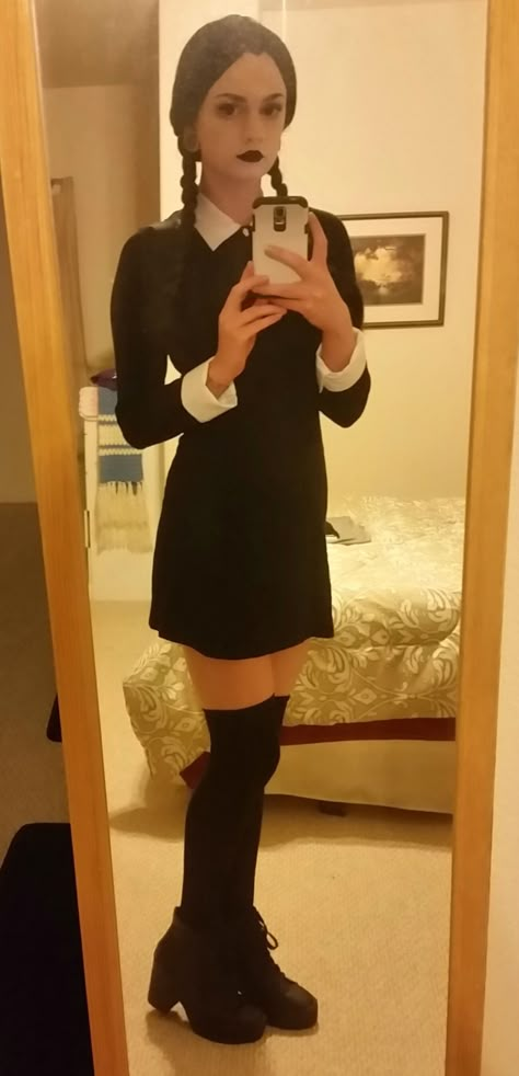 My version of Wednesday Addams! (shitty cellphone quality) - Album on Imgur                                                                                                                                                                                 More Teen Halloween, Diy Kostüm, Holloween Costume, Diy Halloween Costumes Easy, Halloween Costumes Makeup, Halloween 2016, Halloween Costumes For Teens, Easy Diy Halloween, Fantasias Halloween