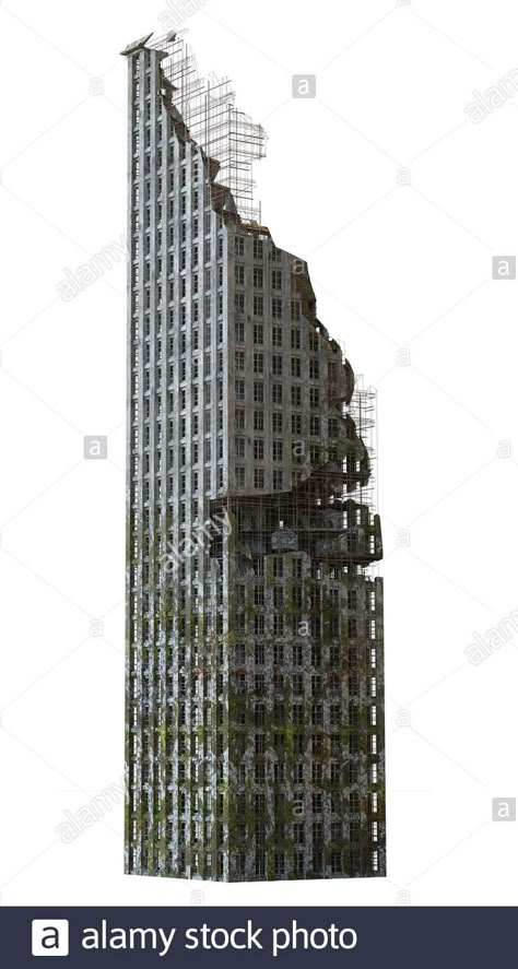 Apocalyptic City Drawing, Apocalypse Building Concept Art, Destroyed Skyscraper, Post Apocalyptic Buildings, Apocalypse Architecture, Apocalypse Building, Post Apocalyptic Town, Broken Building, Collapsed Building