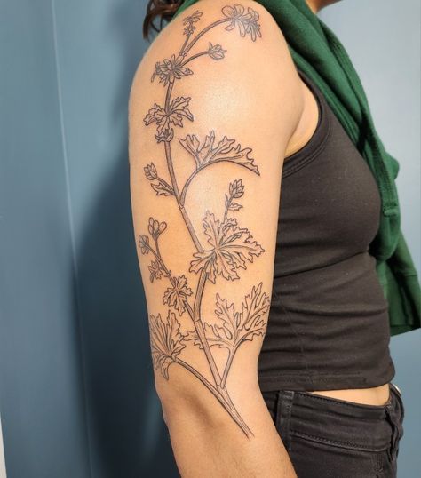 Artist: Cassie McKane April 2023 Pelargonium Tattoo, Geranium Tattoo, Scented Geranium, Pelargonium Graveolens, I Am Beautiful, Tattoo Inspo, Geraniums, Tattoos