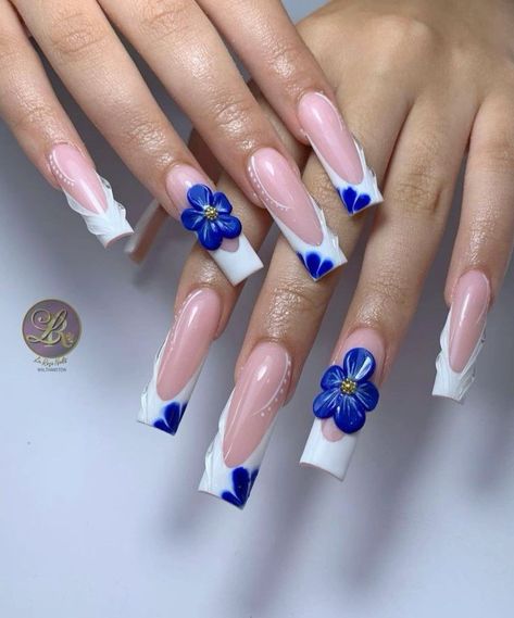 Square Nails 3d Flowers, Blue Nails With 3d Flowers, Blue 3d Flower Nails, Navy Blue And Pink Nails, Dark Blue Acrylic Nails, Pink Flower Nails, Anna Mcnulty, 3d Flower Nails, Makeup Nails Art