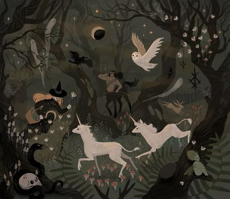 Spooky Forest by Lilla Bölecz Forest Warlock, Autumn Solstice, Magic Illustration, Spooky Forest, Mysterious Forest, Magical Beings, Forest Illustration, Fantasy Forest, Unicorn Art