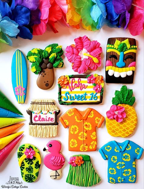 Luau Cookies Decorated, Luau Cookies, Hawaiian Cookies, Rock Beach, Island Theme, Creative Cookies, Hawaiian Party, Cookie Designs, 10th Birthday