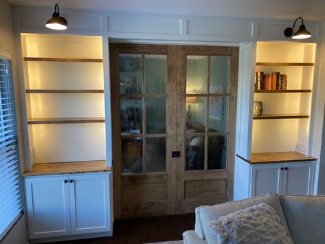 Lights On Built Ins, Book Shelves With Lighting, Lighted Bookshelves Built Ins, Above Bookshelf Lighting, Built In Lighting Bookcases, Built In Bookshelf Lighting, Built In Shelves Lighting, Built Ins With Lighting, Lights In Bookcase