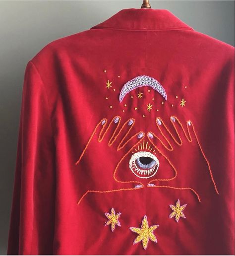 Mystical Stitching on a second hand jacket. Work featured on ‘Madame Fortuna’ by @stitchwish #needlework #allseeingeye Mystical Stitches, Mystic Embroidery, Short Videos, Needlework, Varsity Jacket, Christmas Sweaters, Second Hand, Cross Stitch, Stitching