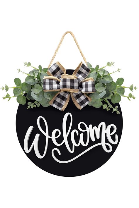 Unlike other welcome sign with cheap greenery and flimsy bow glued on, We adopt Life-Like eucalyptus leaves with flowers that remains fresh-looking for a long-lasting use. Paired with adorable & classic plaid bow that firmly stapled on the welcome sign wreath. No worrying about falling off! Made of sturdy wood in rustic black color,our farmhouse welcome wreath sign bring a good texture all the time! You won't find another welcome sign for front door in our price or quality. Artificial Leaf Decor, Sign For Front Door, Farmhouse Easter Decor, Farmhouse Front Door, Wreath Wall Decor, Fall Kitchen Decor, Wooden Welcome Signs, Front Door Porch, St Patrick's Day Decorations