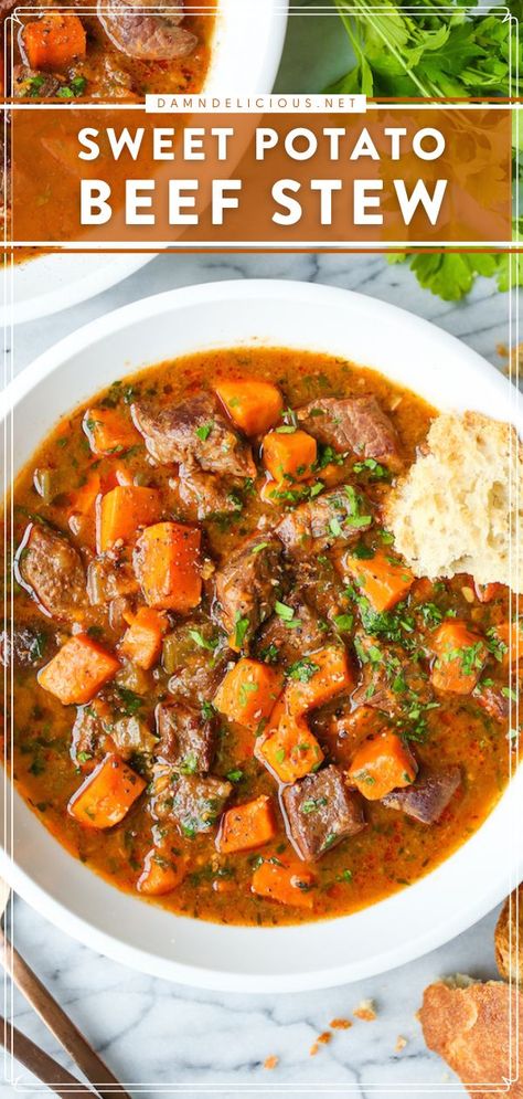 SWEET POTATO BEEF STEW, comfort food, tasty dinner recipes Sweet Potato Beef Stew Crockpot, Beef Stew With Sweet Potatoes Crockpot, Healthy Soup With Sweet Potatoes, Stew Sweet Potato, Crock Pot Sweet Potato Stew, Crockpot Meals With Sweet Potatoes, Meat With Sweet Potatoes, Beef With Sweet Potatoes, Cab Stew Meat Recipes