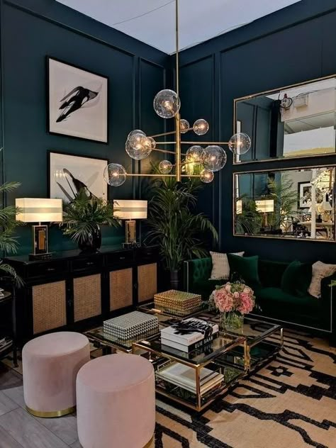 Mid Century Glam Living Room, Modern Art Deco Living Room, Affordable Bedroom Decor, Glam Interior Design, Maximalist Living Room, Idea Bedroom, Lights Room, Decorations Lights, Decorations Bedroom