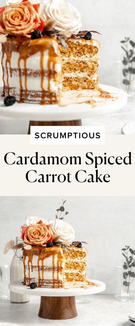 What’s better than carrot cake? Cardamom carrot cake with cream cheese frosting and a salted caramel drizzle AKA the best cake you’ll ever eat. It’s zingy, moist, and simply scrumptious! Carrot Cake With Ganache, September Cake Flavors, Unique Carrot Cake Recipes, Carrot Cake With Caramel Drizzle, Carrot Cake Garnish, Rustic Carrot Cake, Wedding Carrot Cake Ideas, Beautiful Carrot Cake, Pretty Carrot Cake