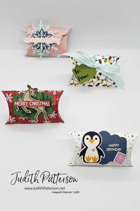 Learn how to make these fun pillow boxes using Stampin' Up!'s Pretty Pillowbox Dies Pretty Pillow Box Dies, Stampin Up Design A Treat Box Dies, Design A Treat Box Dies, Deer Stamp, Cash Gift Card, Swap Ideas, Pillow Boxes, Christmas Favors, Pretty Pillow