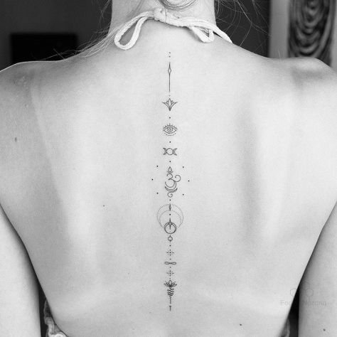 Geometric Tattoos: Soul Alignment. A vertical series of dainty geometric symbols. Click through for 25 geometric tattoo ideas. #geometrictattoos #tattooideas #tattoo IG: @fedornozdrin Dainty Spine Tattoo, Vertical Tattoo, Spine Tattoo Ideas, Chakra Tattoo, Unalome Tattoo, Muster Tattoos, Geometric Tattoo Design, Spine Tattoos For Women, Spine Tattoo