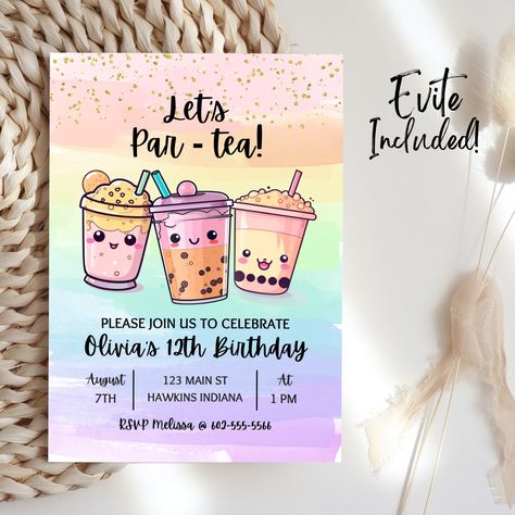 Boba Tea Party, Boba Birthday, Boba Party, Bubble Tee, Par Tea, Tea Illustration, Bubble Tea Boba, Tea Party Invitations, 10th Birthday Parties