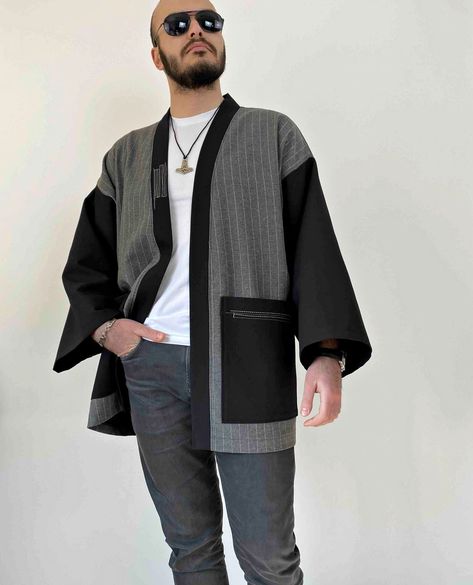 African Reference, Streetwear Kimono, Mens Kimono Shirt, Kimono Outer, Mens Kimono Jacket, Kimono Linen, Mens Fashion Cardigan, Men's Kimono, Haori Jacket