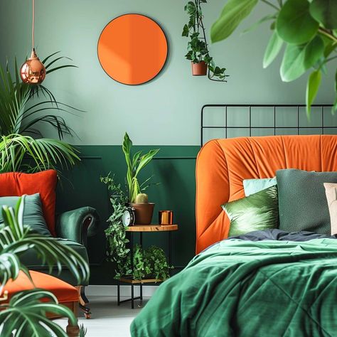 green_and_orange_bedroom (10) Green And Orange Bedroom Ideas, Orange And Green Bedroom, Orange And Green Room, Green And Orange Bedroom, Orange Bedroom Ideas, Emerald Green Bedrooms, Olive Green Bedrooms, Dark Green Rooms, Green Bedroom Walls