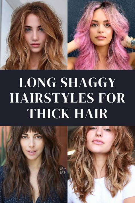 long shaggy hairstyles for thick hair - straight, curly, wavy and other Really Thick Hair, Long Shaggy Hairstyles, Haircut Thick Wavy Hair, Thick Wavy Haircuts, Long Shaggy Haircuts, Long Wavy Haircuts, Thick Frizzy Hair, Corte Shaggy, Layered Thick Hair