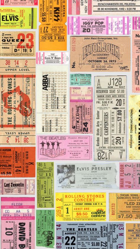 #tickets #vintage #aesthetic #wallpapercollage #wallpaper #wallpaperaesthetic #lockscreen #lockscreenaesthetic #colorful #vibes #art #music Music Tickets, Colorful Vibes, Admit One Ticket, Gratitude Jar, Iphone Wallpaper Winter, Vibes Art, Book Wall, Scrapbook Stickers Printable, Event Branding