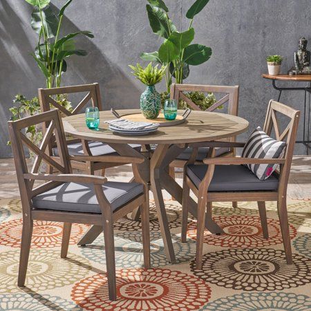 Josephine Outdoor 5 Piece Acacia Wood Round Dining Set with Cushions, Gray, Dark Gray High Dining Table, Dining Table Dimensions, Outdoor Dining Chair Cushions, Round Dining Set, 4 Dining Chairs, Small Outdoor Spaces, Dining Chair Cushions, Christopher Knight, Noble House