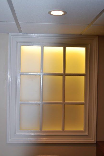 Faux Windows in the Basement - Monk's Home Improvements NJ Faux Basement Window, Faux Windows Basement, Fake Window Light, False Window, Creepy Basement, Faux Windows, Basement Remodeling Before And After, Basement Window, Small Basement Remodel