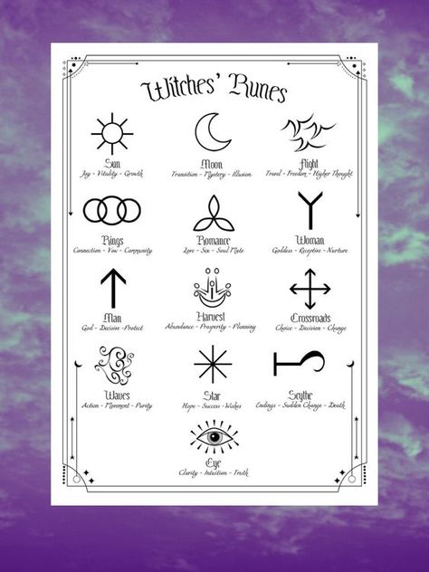 Runes Meaning Witchcraft, Witches Runes Symbols, Witch Runes Symbols And Meanings, Witch Runes Symbols, Witches Runes Meaning, Protection Runes Witchcraft, Witches Symbols, Witch's Runes, Practical Magic Tattoo