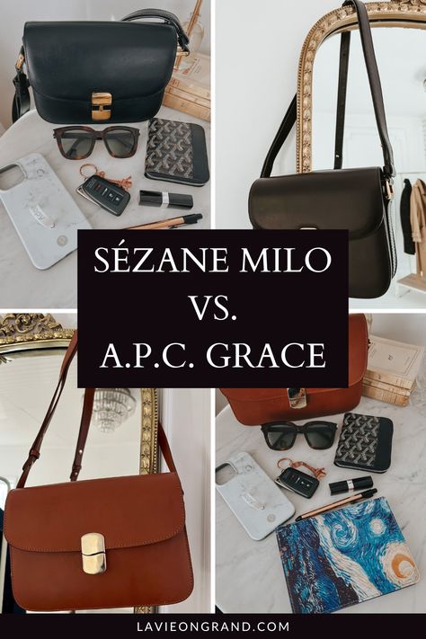 Black leather bag on a marble table and hanging on a gold mirror. Brown leather bag on a marble table and hanging on a gold mirror. A.p.c Grace Bag, Sezane Milo Classic Bag, Sezane Clark Bag, Timeless Crossbody Bag, Apc Geneve Bag Outfit, Milo Bag Sezane, Sezane Bag Outfit, A.p.c Bag Outfit, Sezane Milo Bag