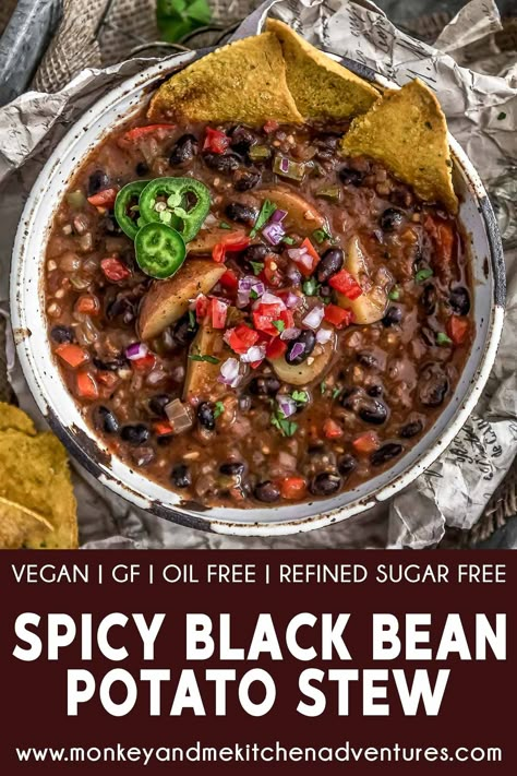 This comforting and flavorful Spicy Black Bean Potato Stew is easy to make and filled with creamy black beans, hearty potatoes, and aromatic spices. #wholefoodplantbased #vegan #oilfree #glutenfree #plantbased | monkeyandmekitchenadventures.com Black Bean Potato, Soup Slow Cooker, Monkey And Me Kitchen Adventures, Monkey And Me, Bean Dishes, Slow Cooker Black Beans, Diet Soup, Potato Stew, Wfpb Recipes