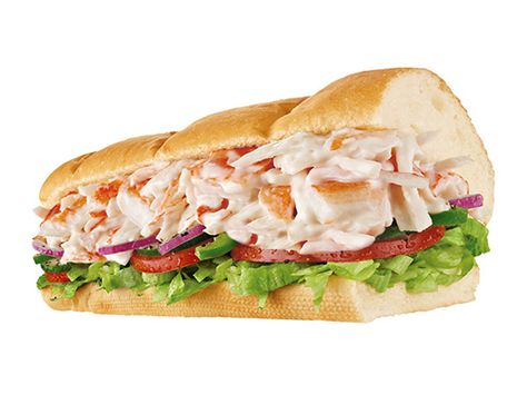 Seafood Sensations Restaurant: Subway Location: China What am I eating? Crab salad with mayonnaise, with your choice of vegetables and bread. Seafood Salad Sandwich Recipe, Subway Seafood Salad Recipe, Subway Seafood Sensation Recipe, Crab Sandwich Recipe, Crab Sandwich, Crab Salad Recipe, Sea Food Salad Recipes, Fast Food Items, Healthy Protein Snacks