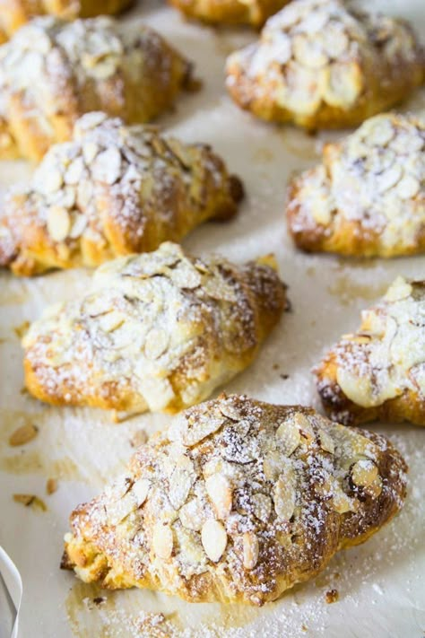 These buttery and flaky almond croissants are made from scratch, including the almond paste inside each pastry. #frenchpastry #almondcroissant #croissantrecipe #croissant #pastry Almond Crossiant, Croissant Pastry, Almond Croissants, Almond Pastry, Homemade Croissants, Croissant Recipe, Almond Croissant, Almond Paste, Homemade Donuts